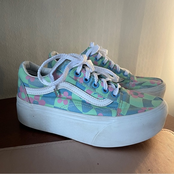Vans Old Skool Stacked Checkered Floral Blue Platform Shoes - Picture 1 of 7